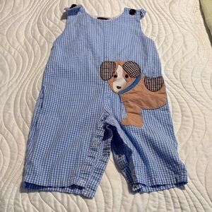 Lil Cactus Blue Gingham Overalls with Puppy Design